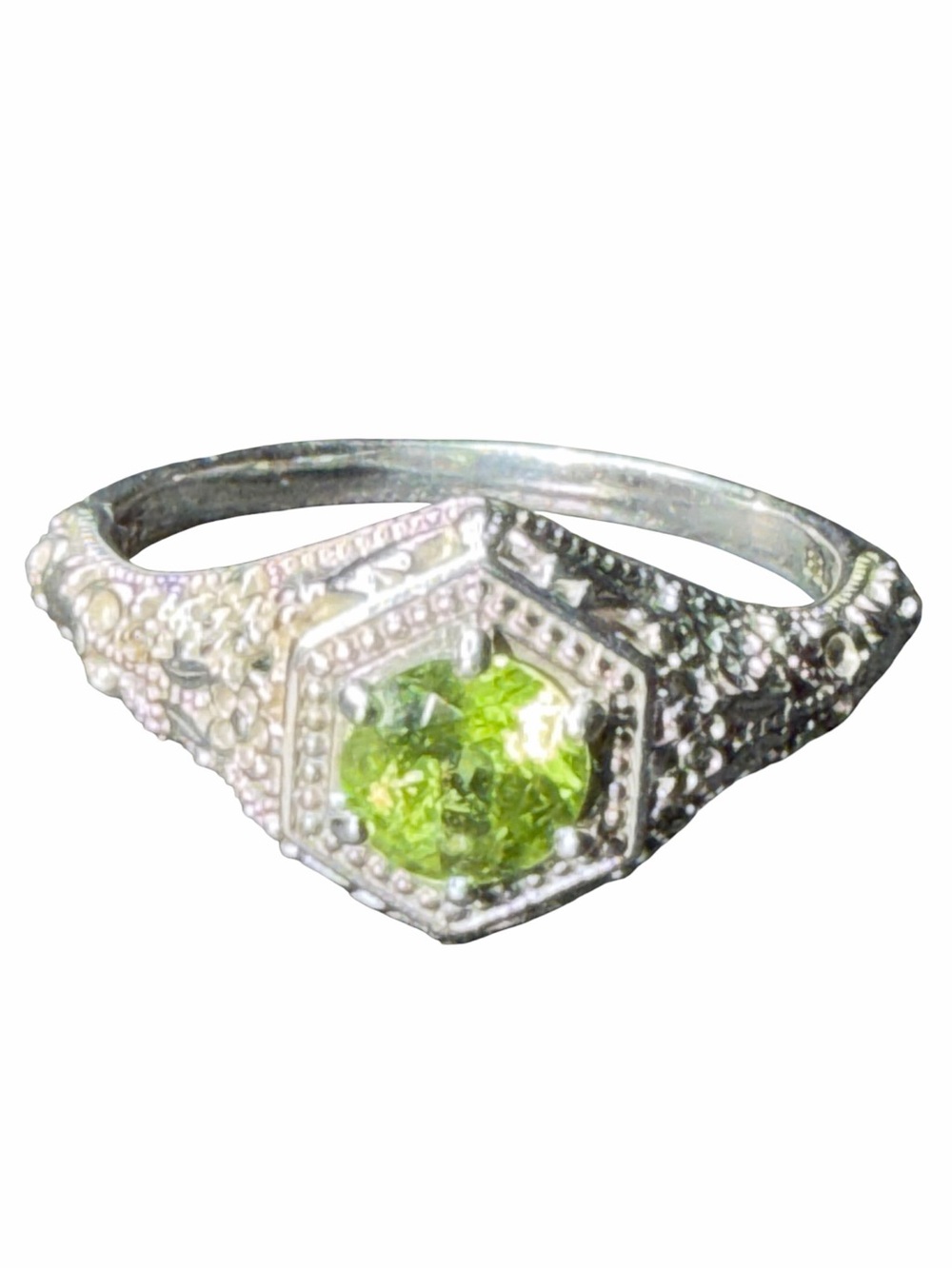 Sterling Silver Peridot Hexagon Ring - Green Gemstone
